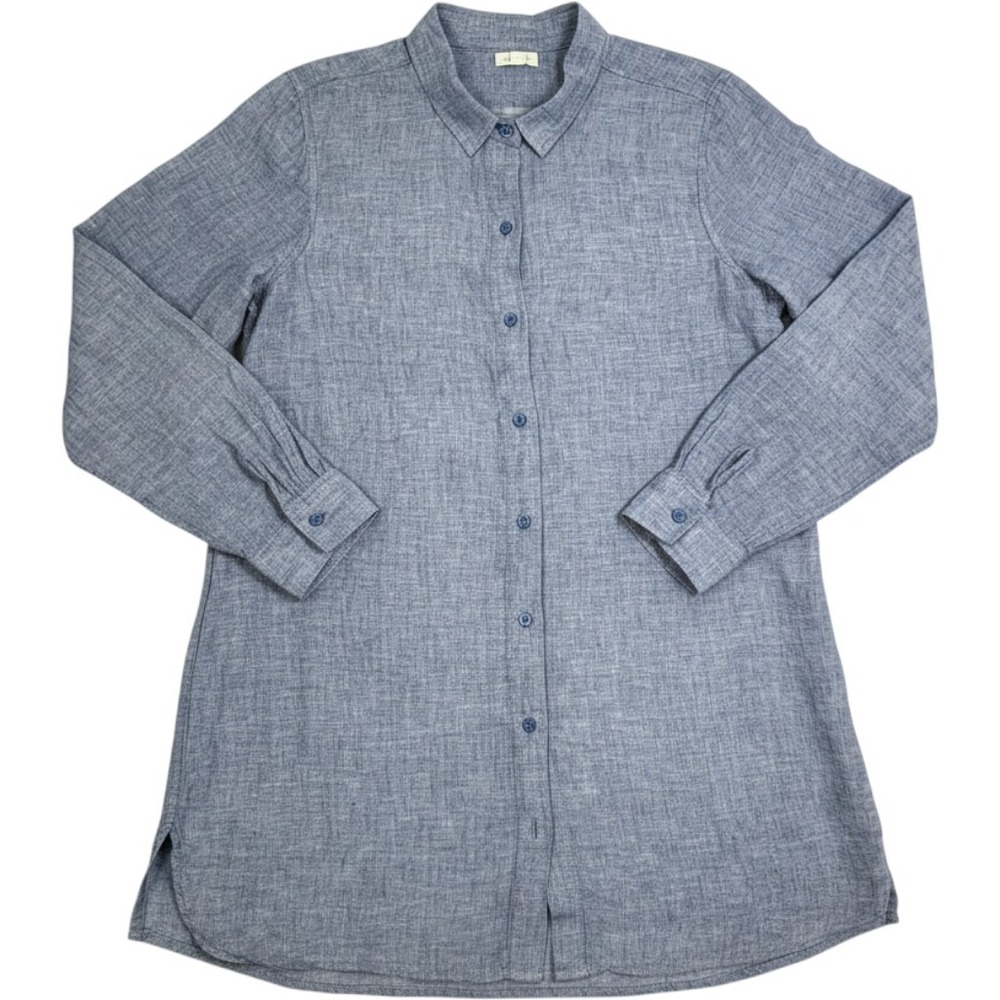 Garnet Hill Blue 100% Linen Long Sleeve Button Down Lagenlook Tunic Shirt Small